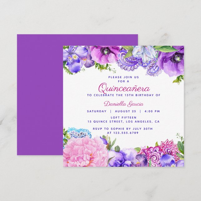 Invitation Floral Purple Paisley Moderne Quinceañera (Devant / Derrière)