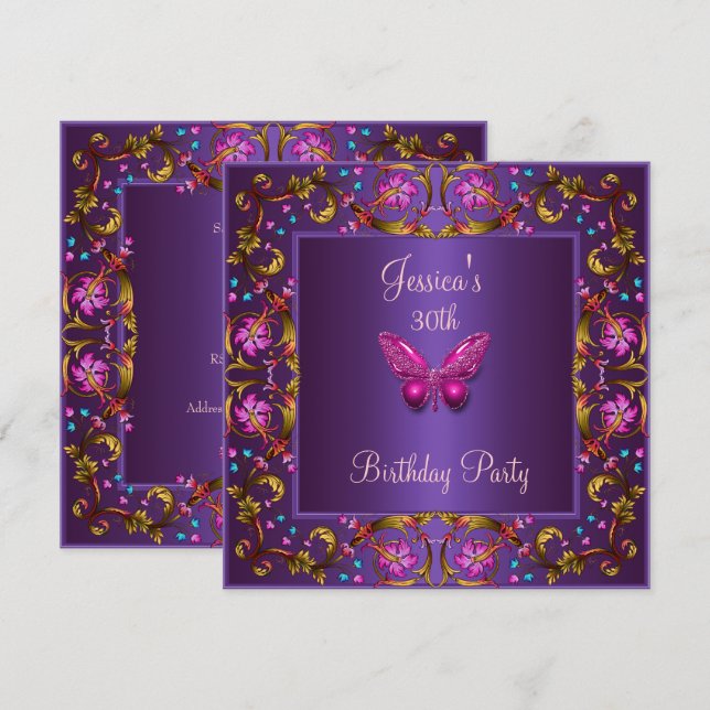 Invitation Floral Purple Papillon rose 30e fête d'anniversair (Devant / Derrière)