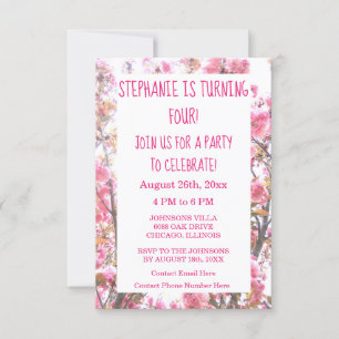 Invitation Floral Quatrième anniversaire rose cerise fleurs m