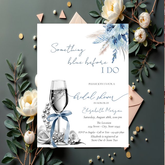 Invitation Floral Quelque chose Blue Bow Pearls et Prosecco (Créateur téléchargé)