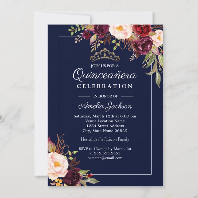 Invitation Floral Quinceanera de la Marine moderne (Devant)