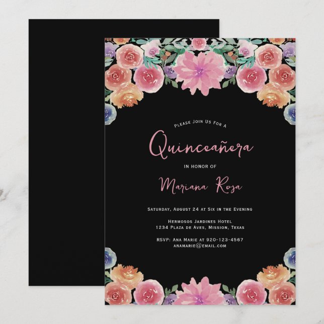Invitation Floral Quinceanera fête d'anniversaire (Devant / Derrière)