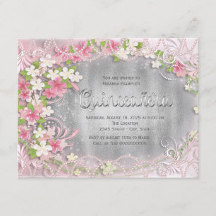 Invitation Floral Quinceañera rose et argenté