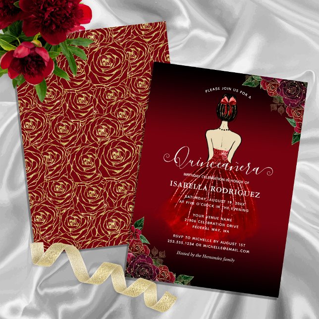 Invitation Floral Red Princess Gold Anniversaire Quinceañera (Floral Red Princess Gold Birthday Quinceañera Invitation)