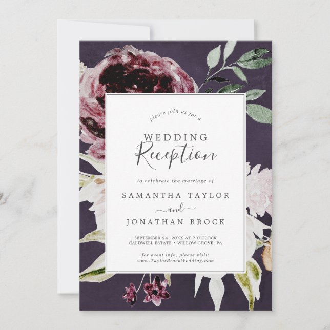 Invitation Floral Romance | Réception de mariage prune (Devant)