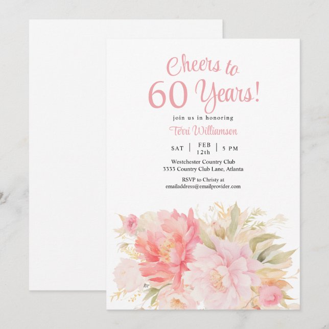 Invitation Floral rose 60e anniversaire encourage à 60 ans (Devant / Derrière)