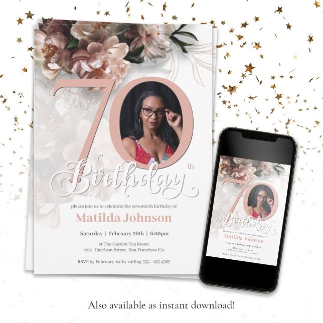 Invitation Floral rose 70e anniversaire Elegant Photo personn (Floral Pink 70th Birthday Elegant Custom Photo Invitation)