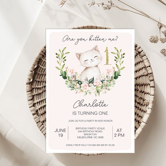 Invitation Floral rose Are You Kitten Me 1er Anniversaire (Are You Kitten Me Invitation Template, Kitten Me 1st Birthday Invitation, Kitten Themed Birthday)