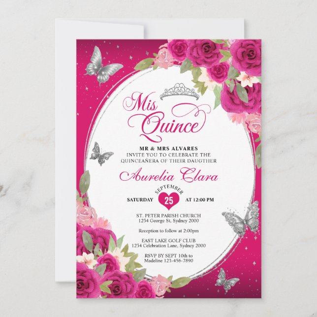 Invitation Floral rose Argent Tiara Papillon Mis Quinceañera (Devant)