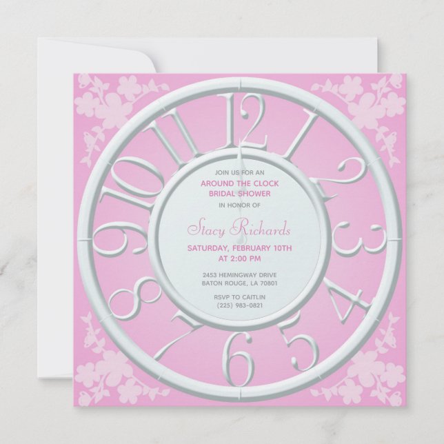 Invitation Floral rose autour de l'horloge Fête des mariées I (Devant)