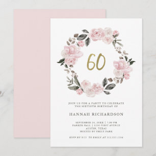 Invitation Floral rose avec Faux Gold   Anniversaire 60 ans