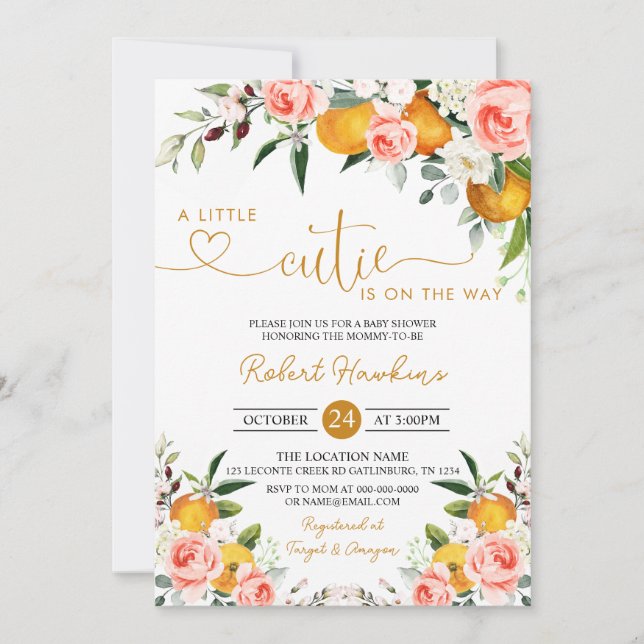 Invitation Floral rose, Baby shower à petite croûte orange (Devant)
