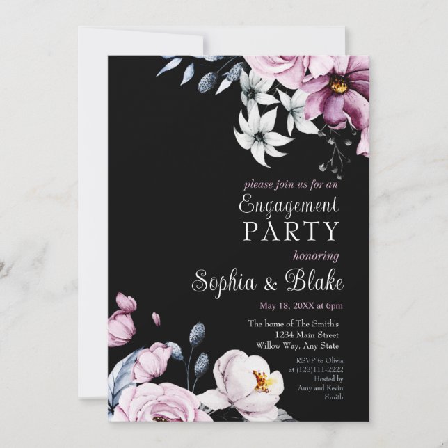 Invitation Floral rose, blanc et bleu | Black Engagement Part (Devant)