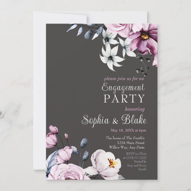 Invitation Floral rose, blanc et bleu | Slate Engagement Part (Devant)