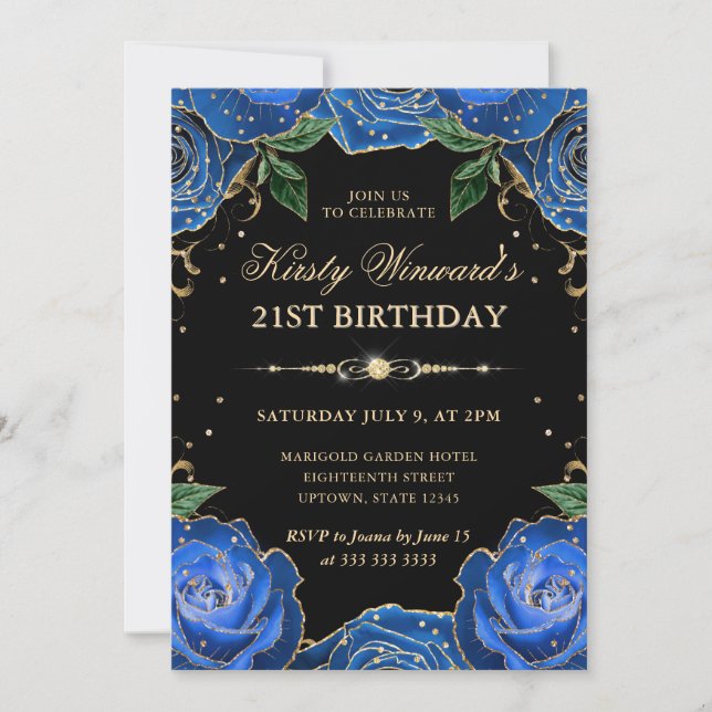 Invitation Floral Rose bleu et or 21e anniversaire (Devant)