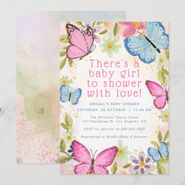Invitation Floral rose/Bleu/Or Papillons Baby shower fille (Devant / Derrière)