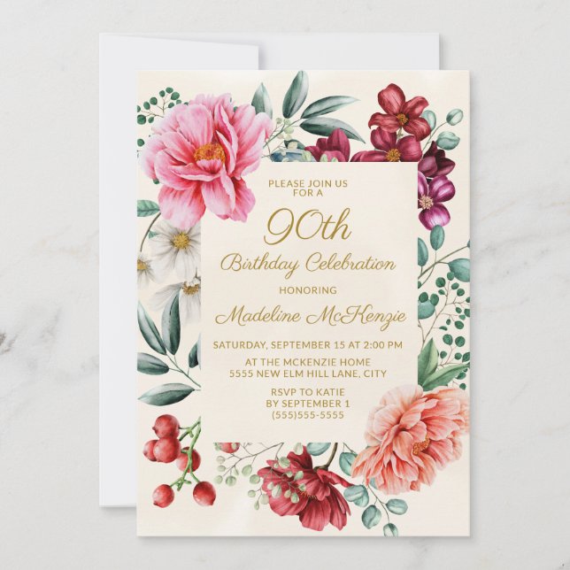 Invitation Floral rose Bourgogne 90e anniversaire (Devant)