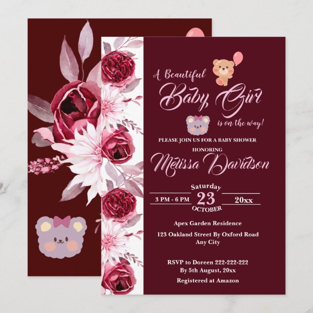 Invitation Floral rose Bourgogne Aquarelle Baby shower fille (Devant / Derrière)