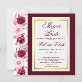 Invitation Floral rose Bourgogne Script Fête des mariées Carr