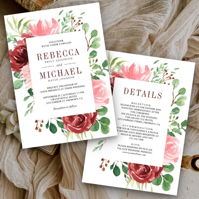 Invitation Floral rose Bourgogne tout en un Mariage (Créateur téléchargé)