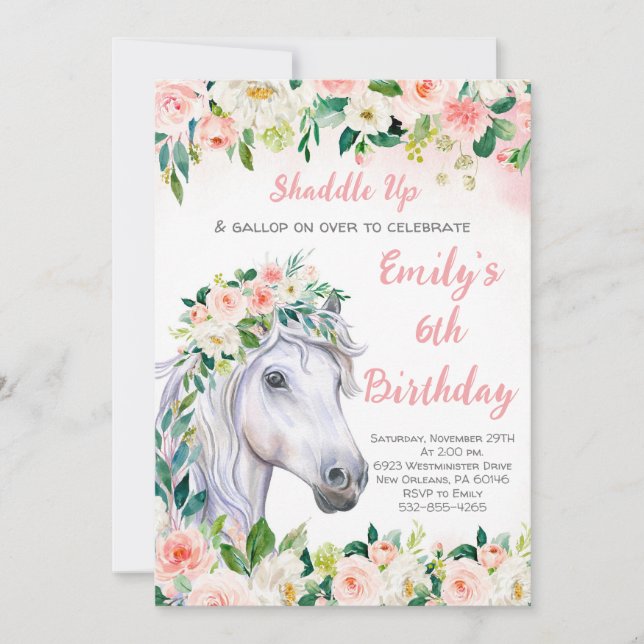 Invitation Floral rose & Cheval 6e fête d'anniversaire (Devant)