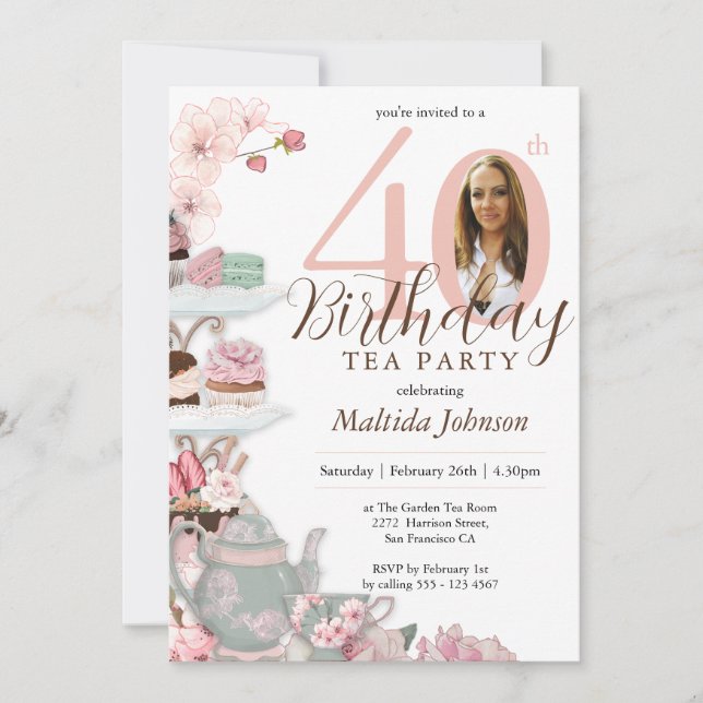 Invitation Floral Rose Custom Photo Tea Party 40e anniversair (Devant)