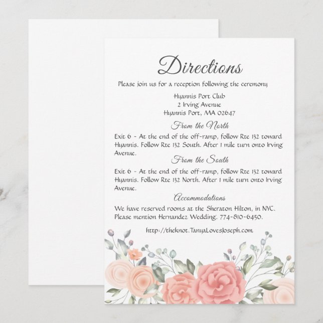 Invitation Floral Rose Détails Directions Fleurs Roses (Devant / Derrière)