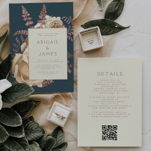 Invitation Floral Rose d'ivoire or Turquoise QR Code Mariage