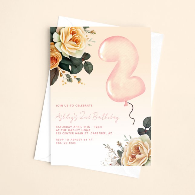 Invitation Floral rose Élégant 2e anniversaire (Créateur téléchargé)