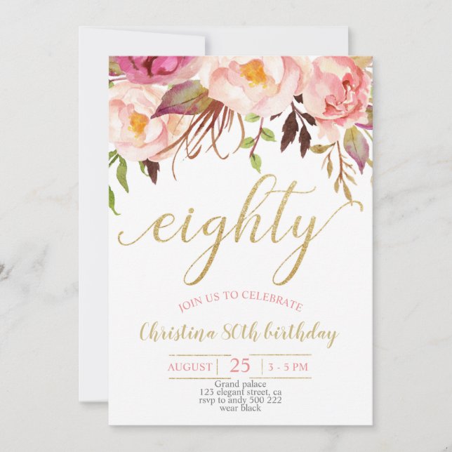 Invitation Floral rose élégante 80e anniversaire femmes (Devant)