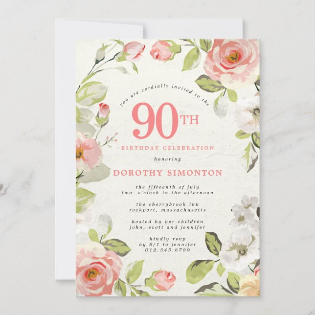 Invitation Floral rose et blanc 90e anniversaire (Devant)