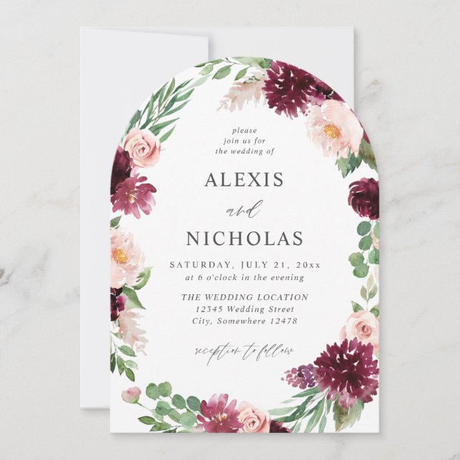 Invitation Floral rose et bourgogne 7 Mariage- Arc (Devant)