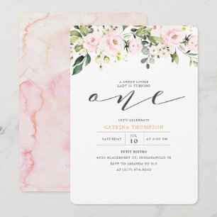 Invitation Floral rose et Eucalyptus Fille 1er anniversaire