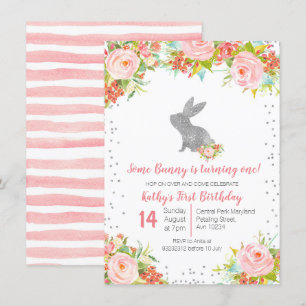 Invitation Floral rosé et lapin d'argent Anniversaire Floral
