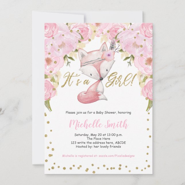 Invitation Floral rose, Fox, Woodland Baby Girl Douche (Devant)