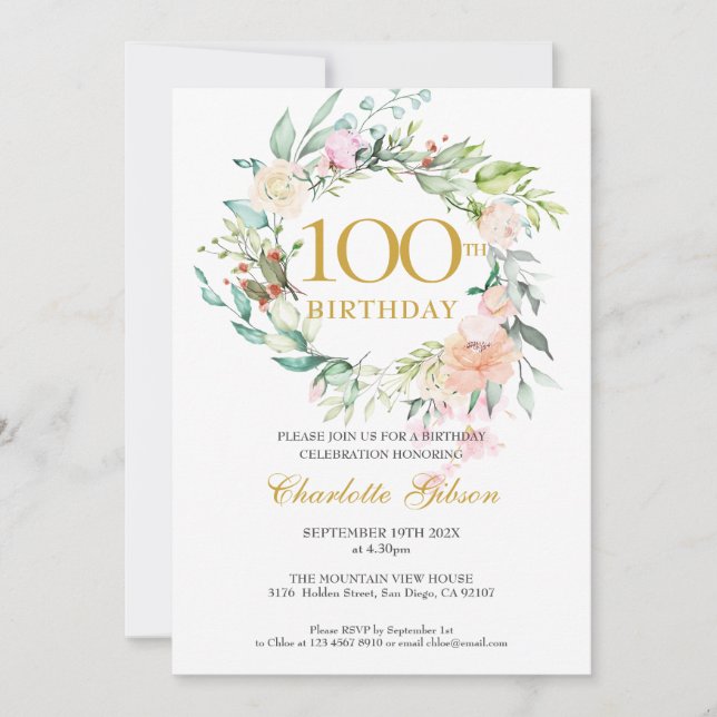 Invitation Floral Rose Garland Monogramme 100e anniversaire (Devant)