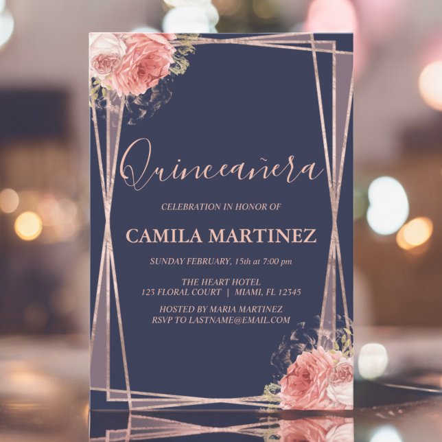 Invitation Floral Rose Gold Blue Quinceanera Party (Créateur téléchargé)