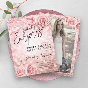 Invitation Floral Rose Gold Lights Photo Surprise Sweet 16