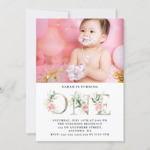 Invitation Floral Rose Gold Photo personnalisée 1ère fête d'a