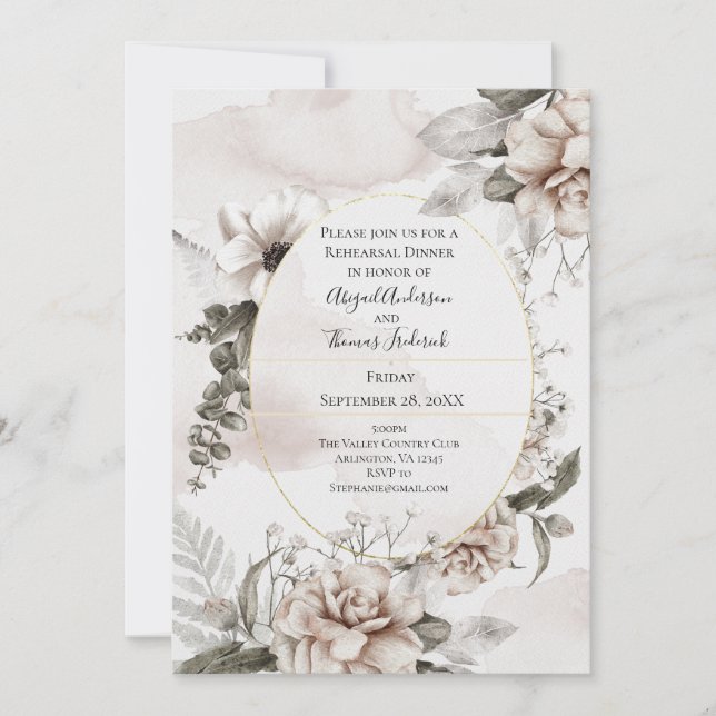 Invitation Floral rose Grey Botanique Élégante répétition Din (Devant)