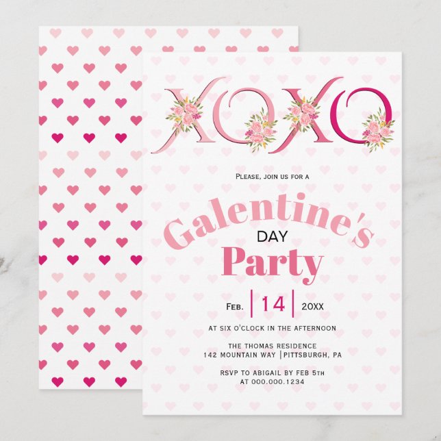 Invitation Floral rose HOHO coeur Galentines Fête (Devant / Derrière)