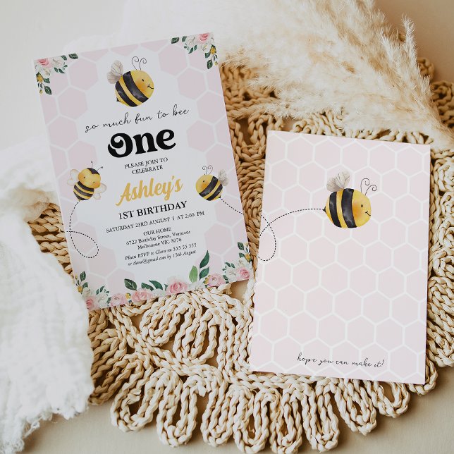 Invitation Floral rose Jaune Amusant d'être une abeille 1er a (Girls So Fun To Bee One 1st Birthday Invitation Template, Editable Bee First Birthday Invitation,)