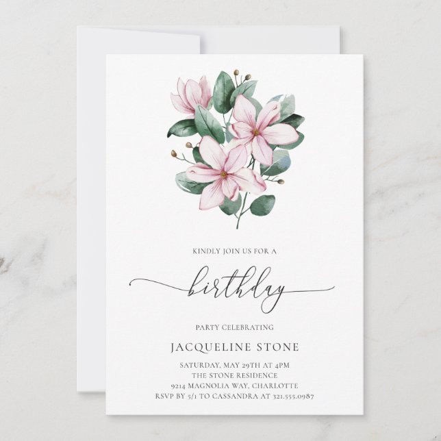 Invitation Floral rose Magnolia Eucalyptus Adulte Anniversair (Devant)