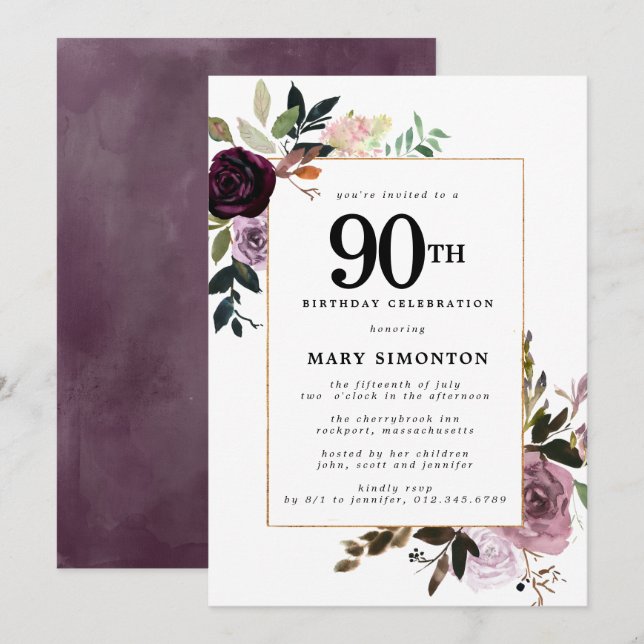 Invitation Floral rose mauve 90e anniversaire (Devant / Derrière)
