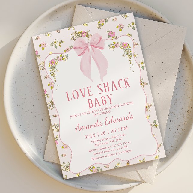 Invitation Floral rose minuscule Bow Love Shack Baby shower b (Love Shack Baby Shower Invitation, Love Shack Fancy Invite, Love Shack Fancy Baby Shower Invitation)