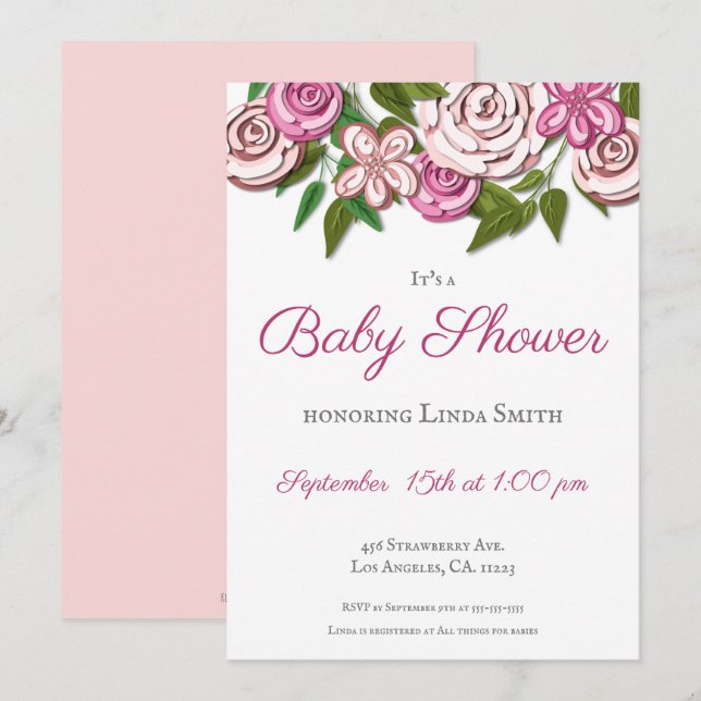Invitation Floral rose moderne Illustré Baby shower fille (Devant / Derrière)