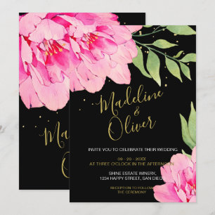 Invitation Floral rose Noir Or moderne Chic Rose Mariage