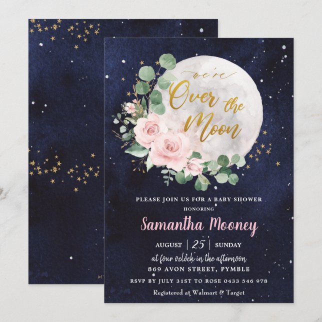 Invitation Floral rose Nous sommes au-dessus de la lune Baby  (Devant / Derrière)