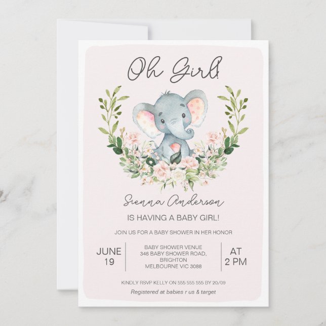 Invitation Floral Rose Oh Girls Elephant Baby shower (Devant)