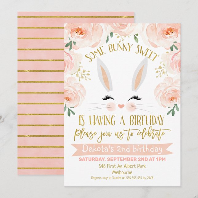 Invitation Floral rose Or Bunny Visage Anniversaire Invitatio (Devant / Derrière)
